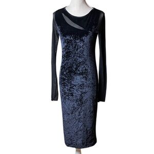 FUZZI Italian Long Sleeve Crushed Velvet Midi Dress- Midnight Blue/Black - M